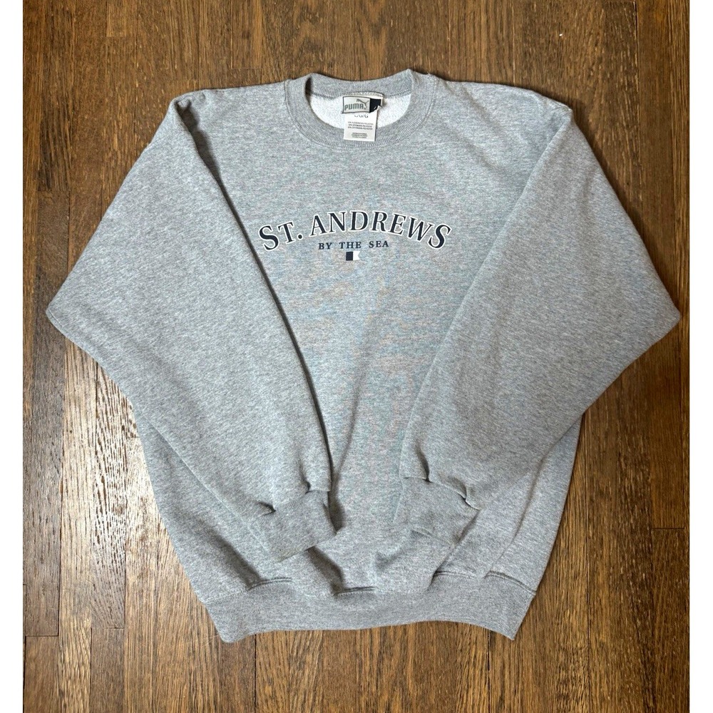 Vintage PUMA Men's Gray St Andrews By The Sea Graphic Crewneck Fleece Pullover L